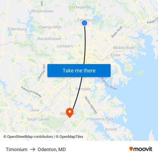 Timonium to Odenton, MD map
