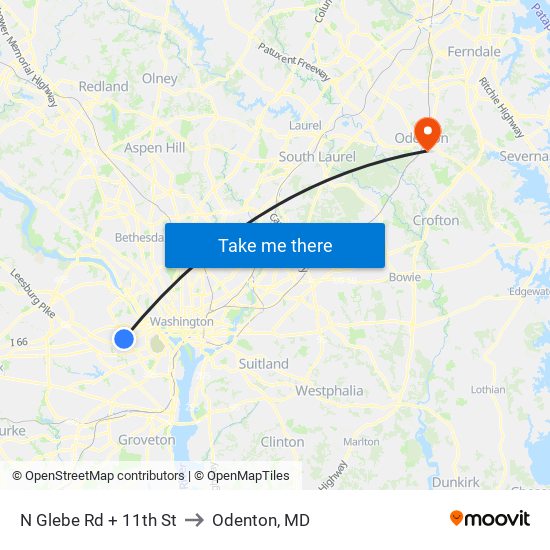 N Glebe Rd + 11th St to Odenton, MD map