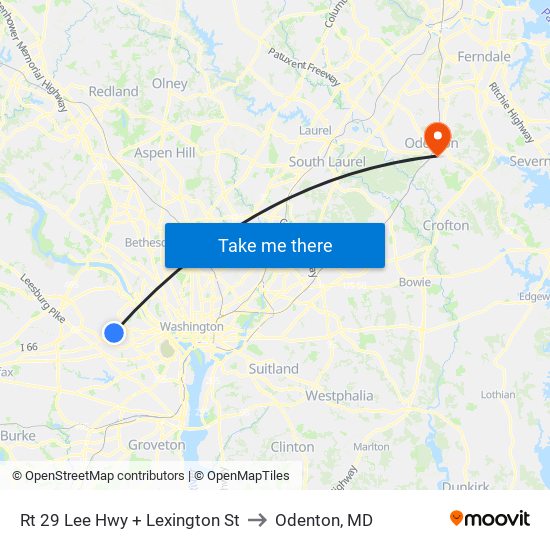 Rt 29 Lee Hwy + Lexington St to Odenton, MD map