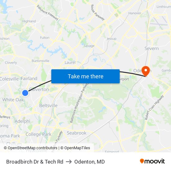 Broadbirch Dr & Tech Rd to Odenton, MD map