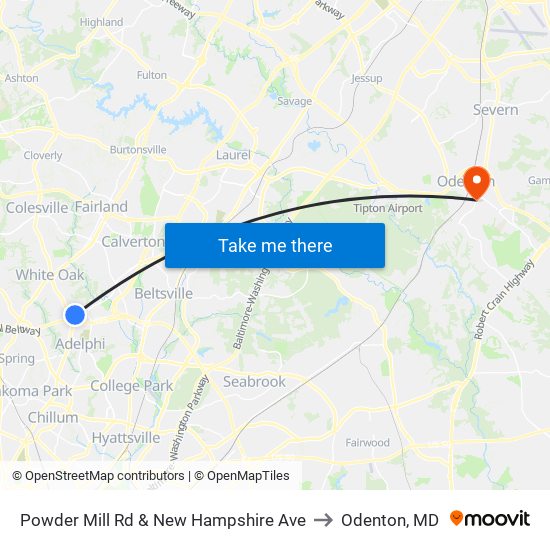 Powder Mill Rd & New Hampshire Ave to Odenton, MD map