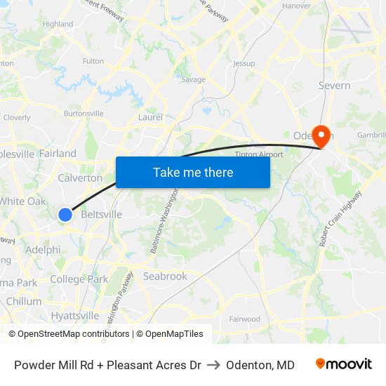 Powder Mill Rd + Pleasant Acres Dr to Odenton, MD map