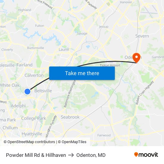 Powder Mill Rd & Hillhaven to Odenton, MD map