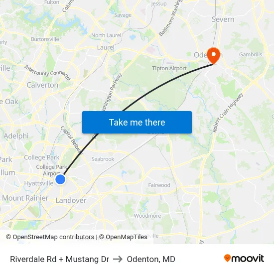 Riverdale Rd + Mustang Dr to Odenton, MD map