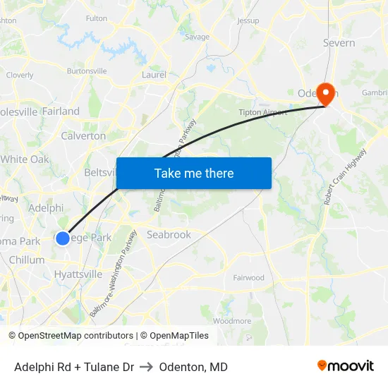 Adelphi Rd + Tulane Dr to Odenton, MD map