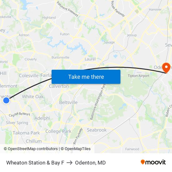 Wheaton Station & Bay F to Odenton, MD map