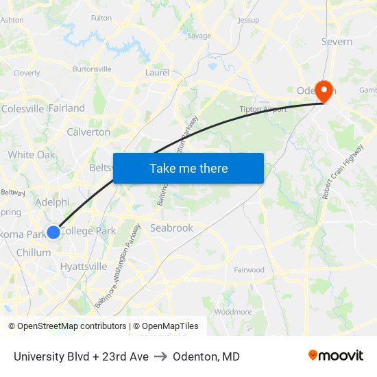 University Blvd + 23rd Ave to Odenton, MD map