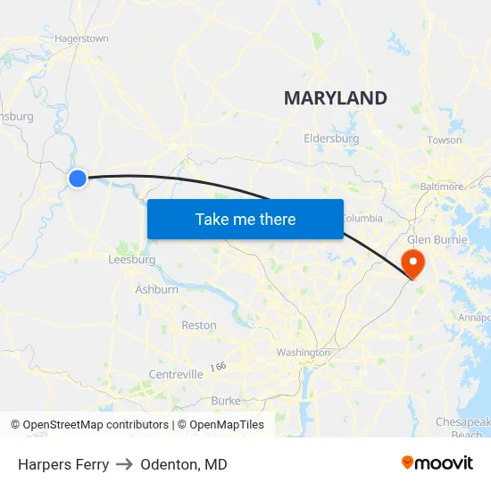 Harpers Ferry to Odenton, MD map