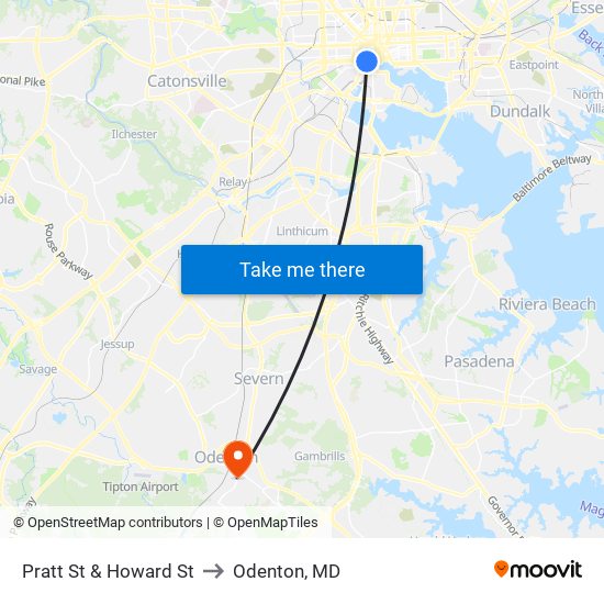 Pratt St & Howard St to Odenton, MD map