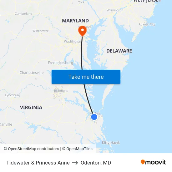 Tidewater & Princess Anne to Odenton, MD map