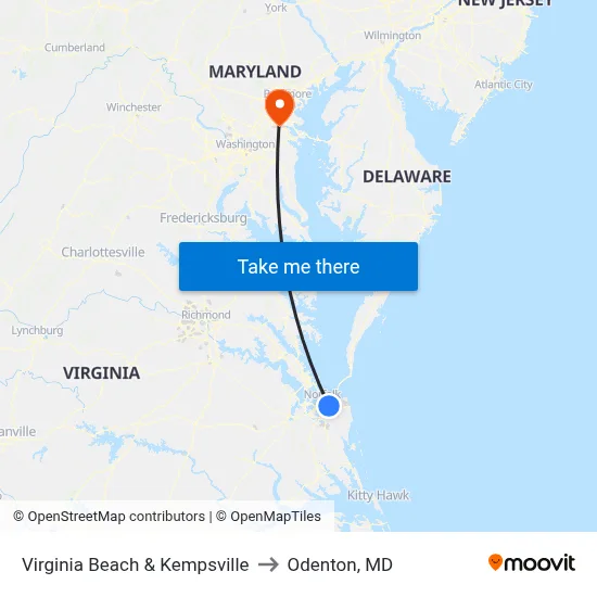 Virginia Beach & Kempsville to Odenton, MD map