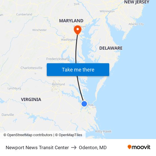 Newport News Transit Center to Odenton, MD map