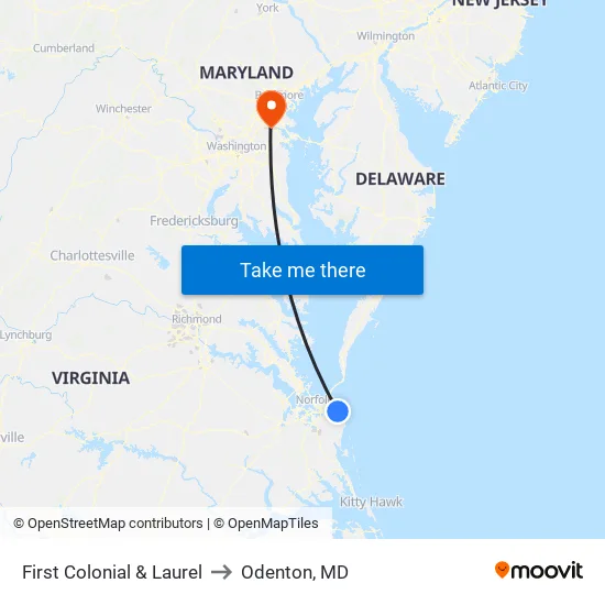 First Colonial & Laurel to Odenton, MD map