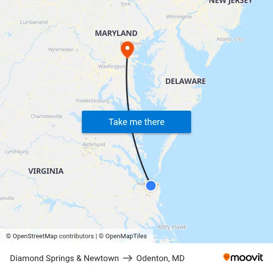 Diamond Springs & Newtown to Odenton, MD map