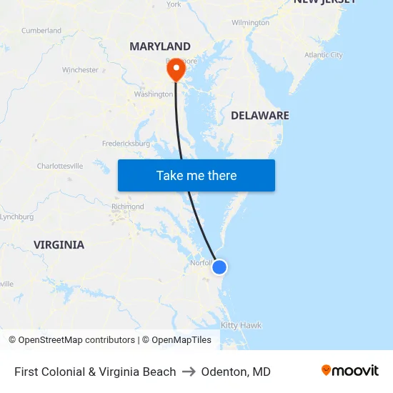 First Colonial & Virginia Beach to Odenton, MD map