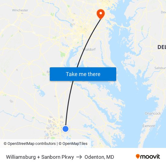 Williamsburg + Sanborn Pkwy to Odenton, MD map