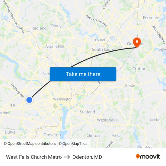 West Falls Church Metro to Odenton, MD map
