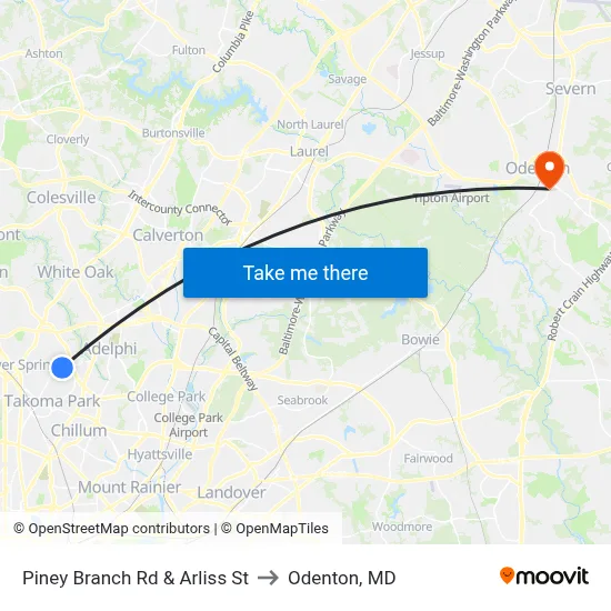 Piney Branch Rd & Arliss St to Odenton, MD map