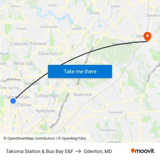 Takoma Station & Bus Bay E&F to Odenton, MD map