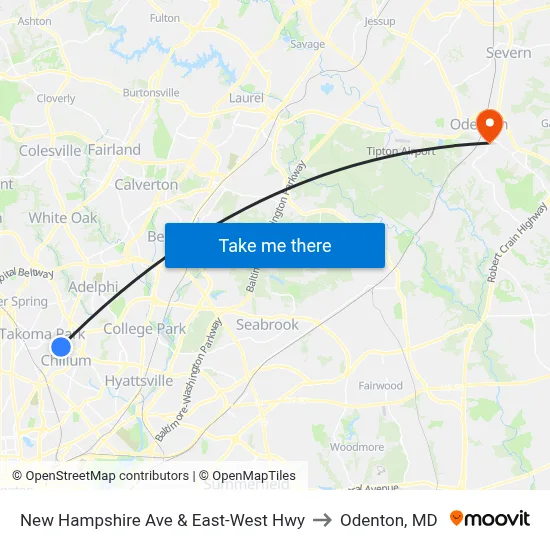 New Hampshire Ave & East-West Hwy to Odenton, MD map