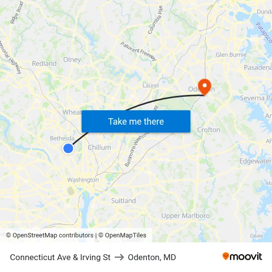 Connecticut Ave & Irving St to Odenton, MD map
