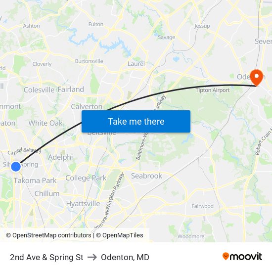 2nd Ave & Spring St to Odenton, MD map