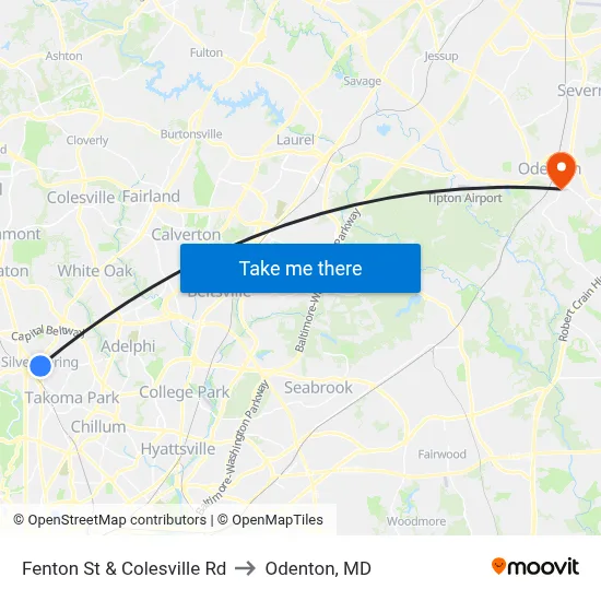Fenton St & Colesville Rd to Odenton, MD map