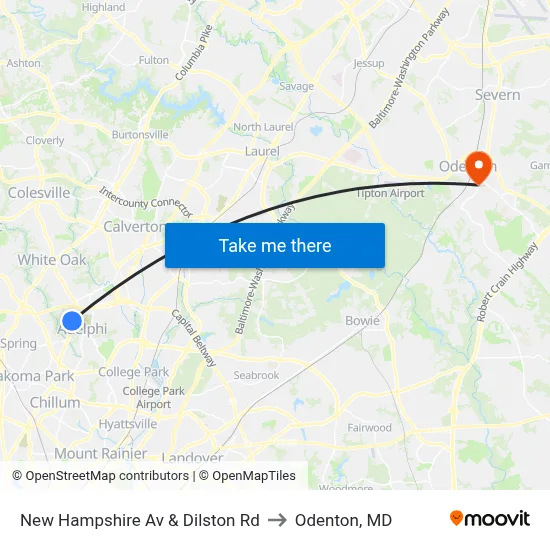 New Hampshire Av & Dilston Rd to Odenton, MD map