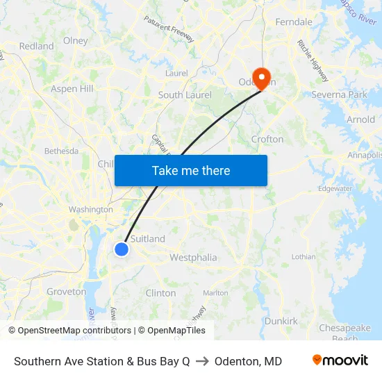 Southern Ave Station & Bus Bay Q to Odenton, MD map