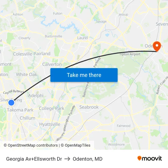 Georgia Av+Ellsworth Dr to Odenton, MD map