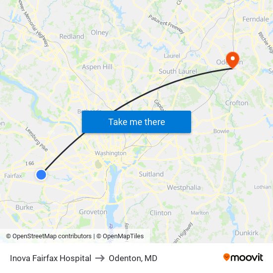 Inova Fairfax Hospital to Odenton, MD map