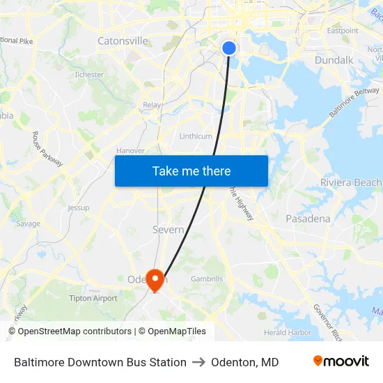 Baltimore Downtown Bus Station to Odenton, MD map