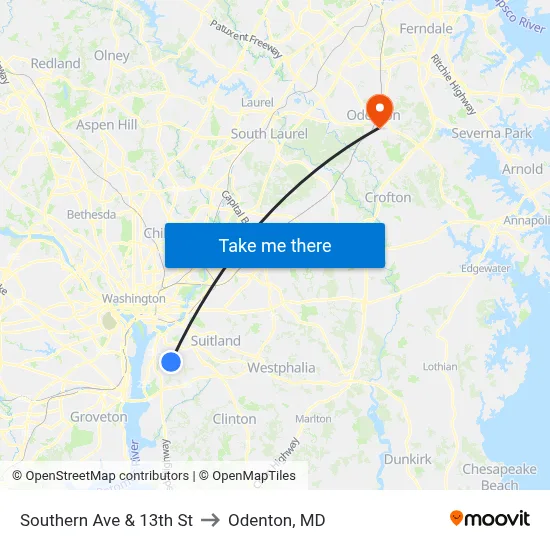 Southern Ave & 13th St to Odenton, MD map