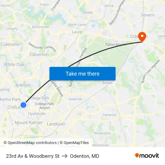 23rd Av & Woodberry St to Odenton, MD map
