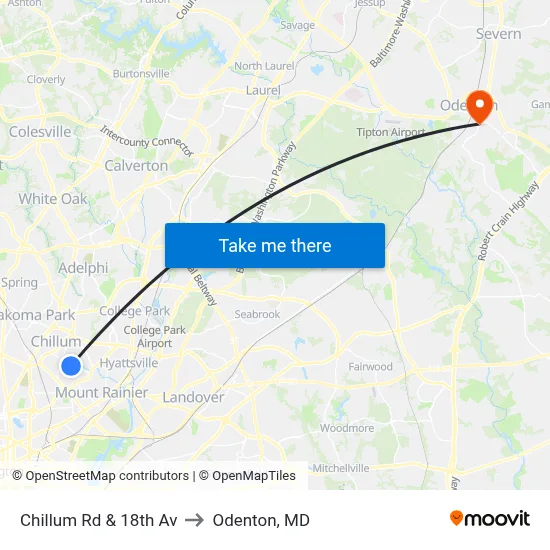 Chillum Rd & 18th Av to Odenton, MD map