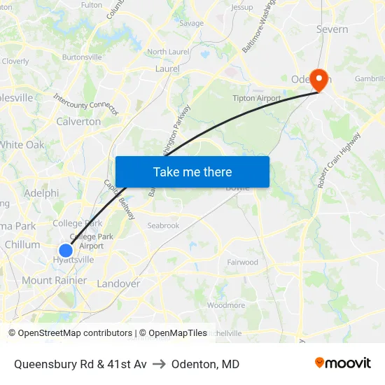 Queensbury Rd & 41st Av to Odenton, MD map