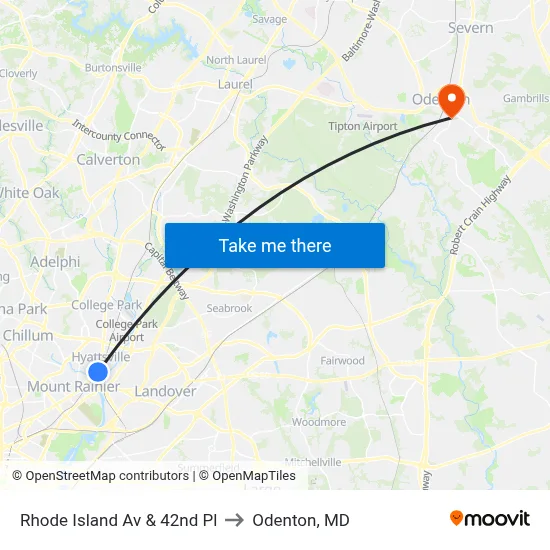 Rhode Island Av & 42nd Pl to Odenton, MD map