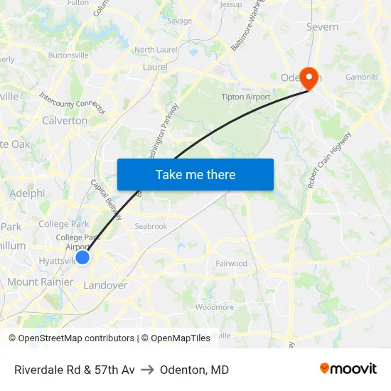 Riverdale Rd & 57th Av to Odenton, MD map