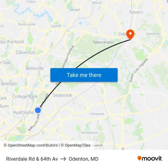 Riverdale Rd & 64th Av to Odenton, MD map