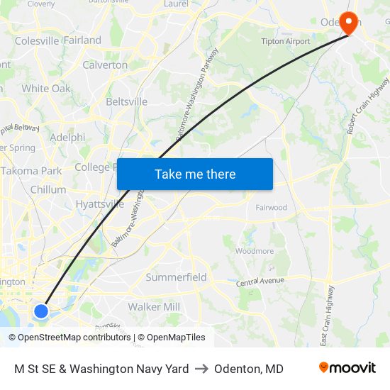 M St SE & Washington Navy Yard to Odenton, MD map