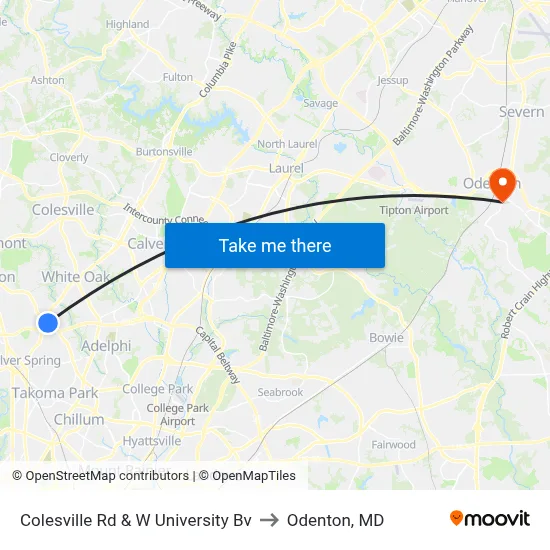 Colesville Rd & W University Bv to Odenton, MD map
