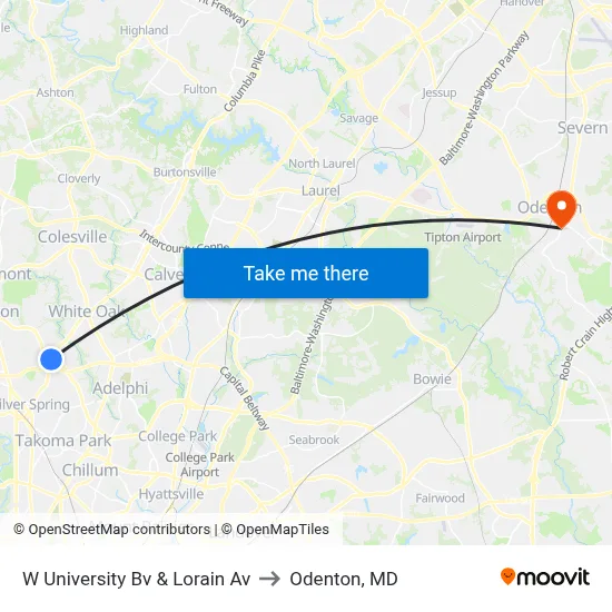 W University Bv & Lorain Av to Odenton, MD map