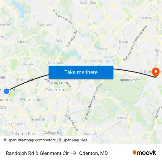 Randolph Rd & Glenmont Cir to Odenton, MD map