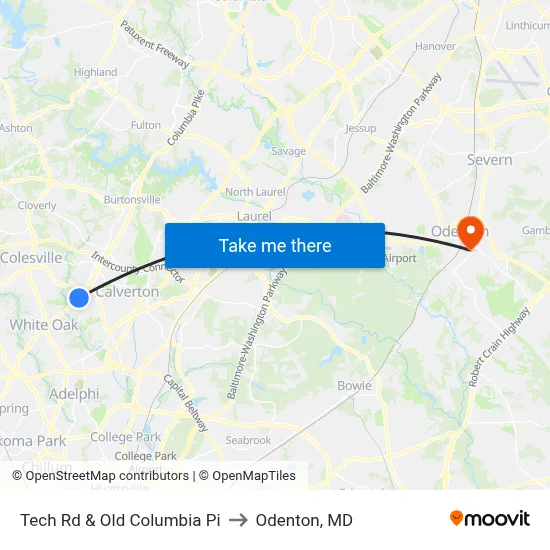 Tech Rd & Old Columbia Pi to Odenton, MD map