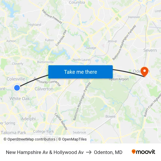 New Hampshire Av & Hollywood Av to Odenton, MD map