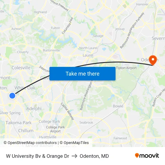 W University Bv & Orange Dr to Odenton, MD map