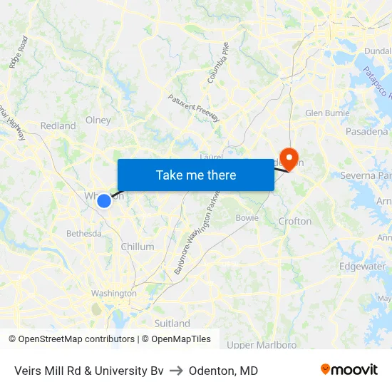Veirs Mill Rd & University Bv to Odenton, MD map