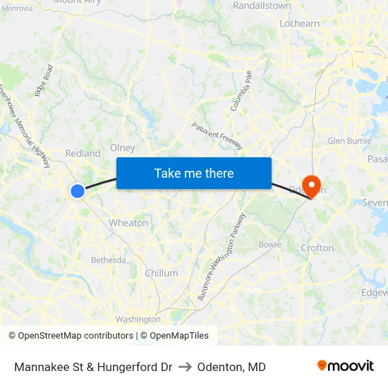 Mannakee St & Hungerford  Dr to Odenton, MD map