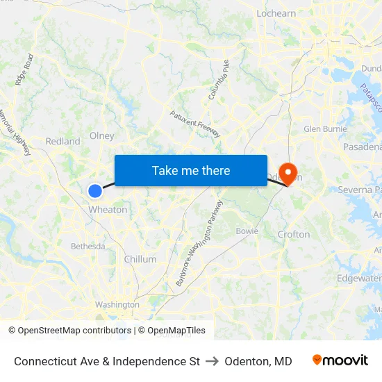 Connecticut Ave & Independence St to Odenton, MD map
