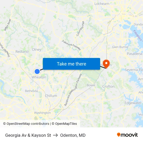Georgia Av & Kayson St to Odenton, MD map
